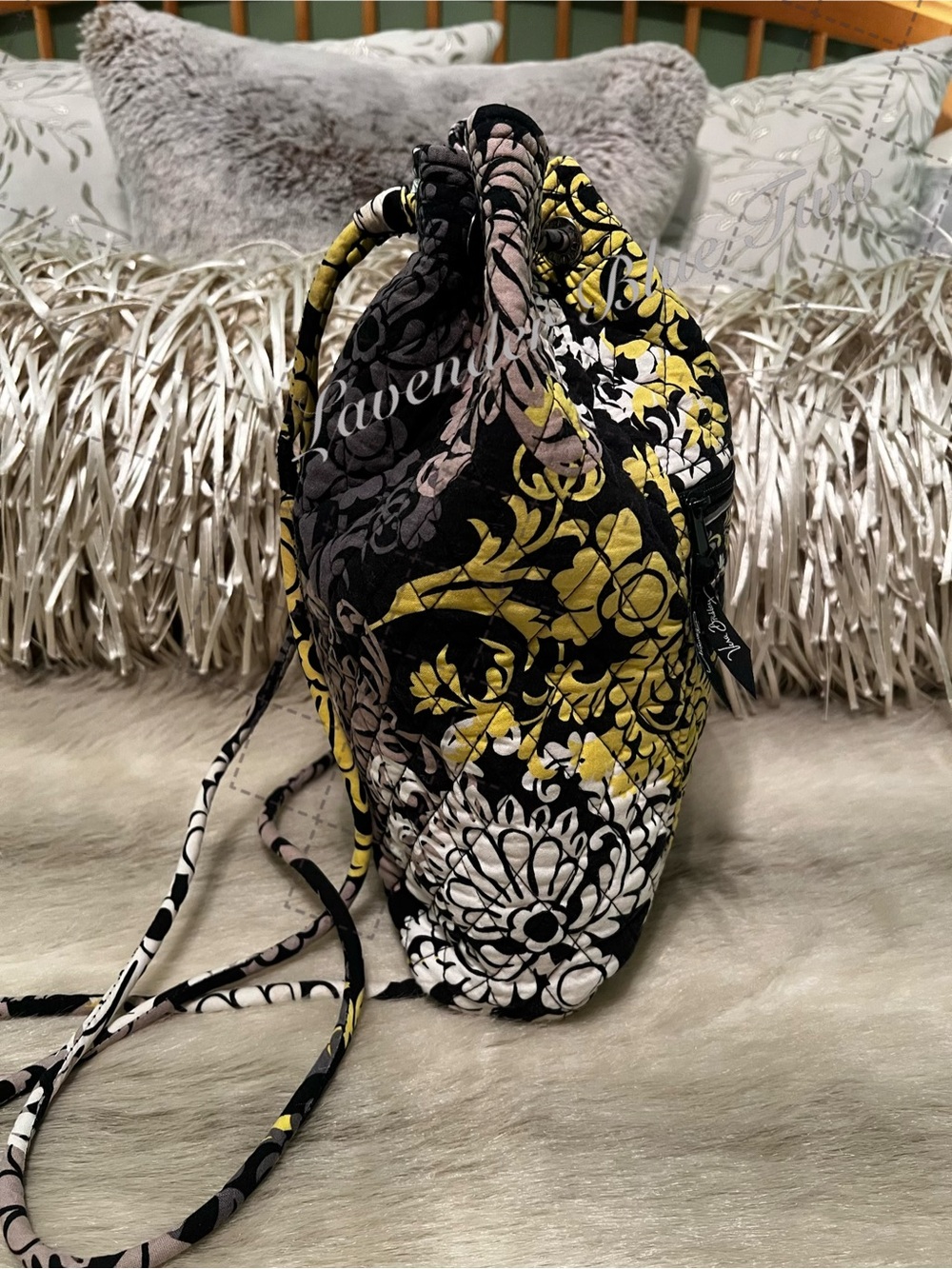 VERA BRADLEY Baroque 2010 Drawstring Zipper Front Backpack Y2K Black Yellow Flor - Picture 6 of 14